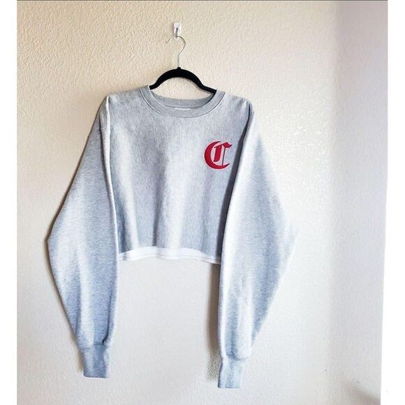 Champion Womens Sweatshirt Grey L Cropped Oversized Reverse Weave Crew Neck - Picture 4 of 7